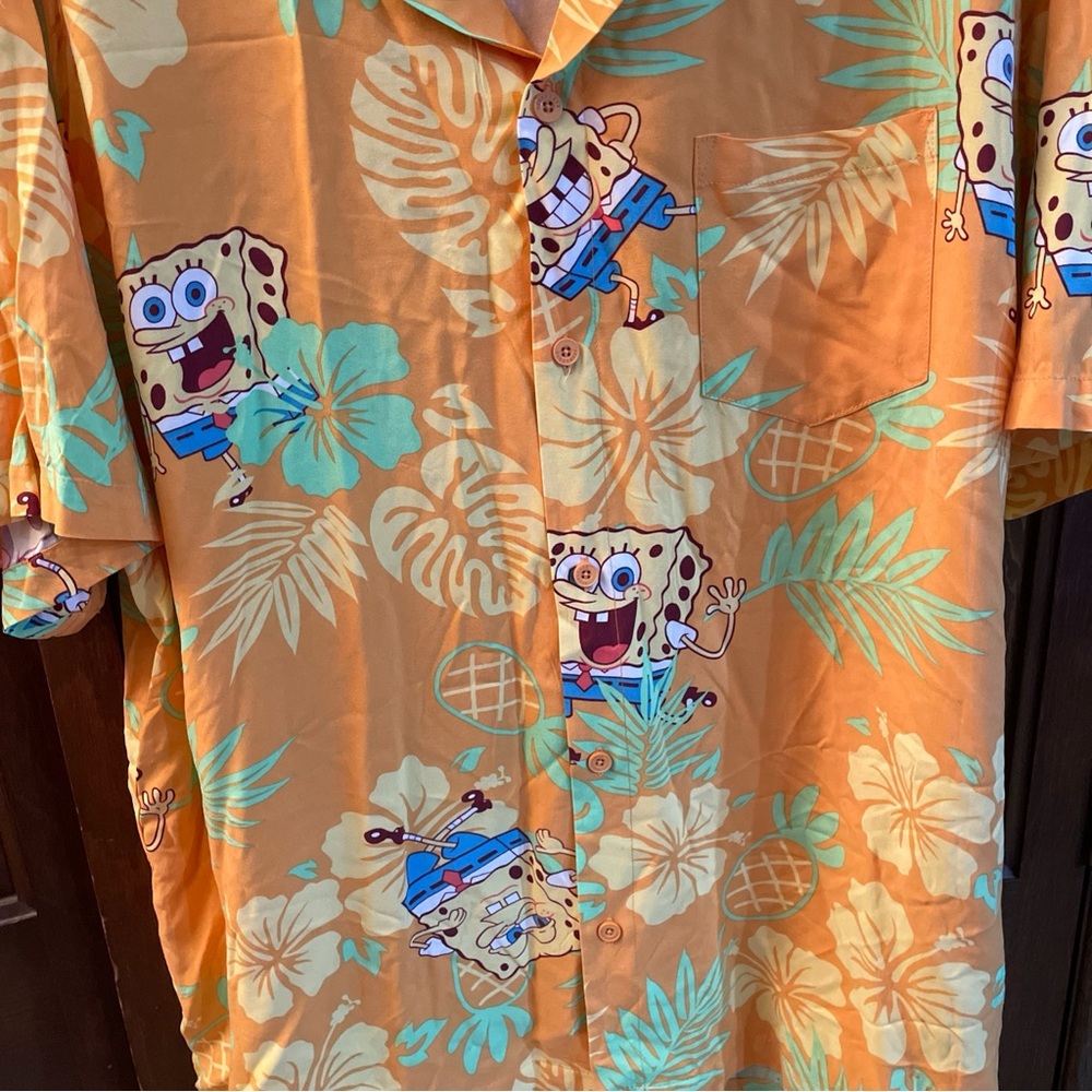 Nickelodeon Spongebob Squarepants Shirt Mens 2XL Hawaiian Aloha Orange Floral - Picture 2 of 9